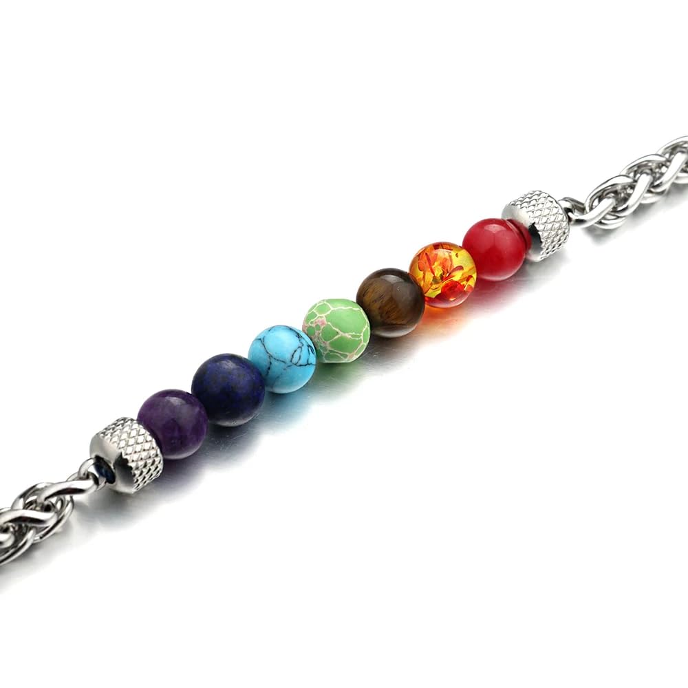 LIU JUN 7 Chakra Bracelet For Men, 8MM Natural Stone Pineapple Beads Stainless Steel Adjustable Silver Cuban Link Chain Handmade Power Healing Gift Jewelry (7 Chakra)