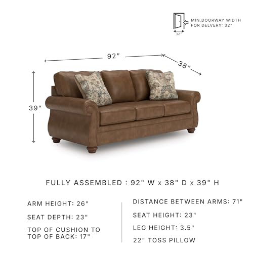Signature Design by Ashley Shadsburne Rustic Faux Leather Sofa with Nailhead Trim and 2 Throw Pillows, Brown