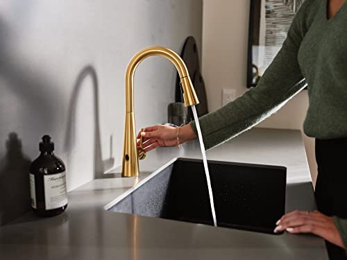 Moen Sleek Brushed Gold Motionsense Wave Sensor Touchless Kitchen Faucet, One-Handle Modern Kitchen Sink Faucet with Pulldown Sprayer Featuring Power Clean, 7864EWBG