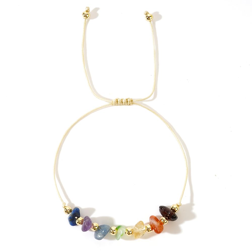 SHINUS BOHO Handmade Healing Colorful 7 Chakra Crystal Bracelets for Women,Gold Rainbow Quartz Beaded Gemstone Adjustable for Friendship Holiday Birthday Jewelry Gift.
