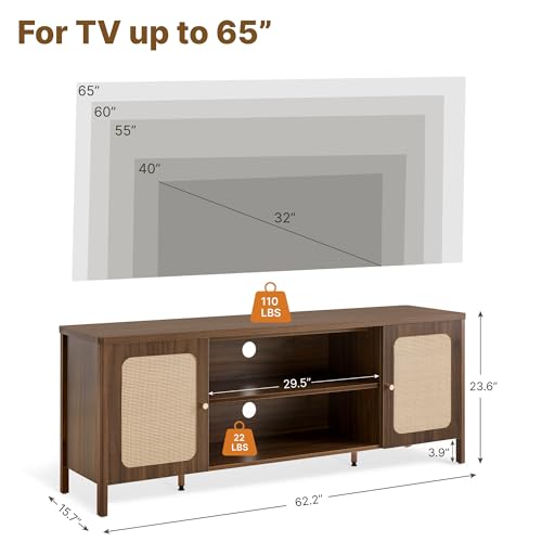 KISLOT Rattan TV Stand for TVs up to 75'' Boho Entertainment Center with Adjustable Shelf Television Stand with 2 Storage Cabinets Media Console Wooden TV Cabinet for Living Room Bedroom,Walnut