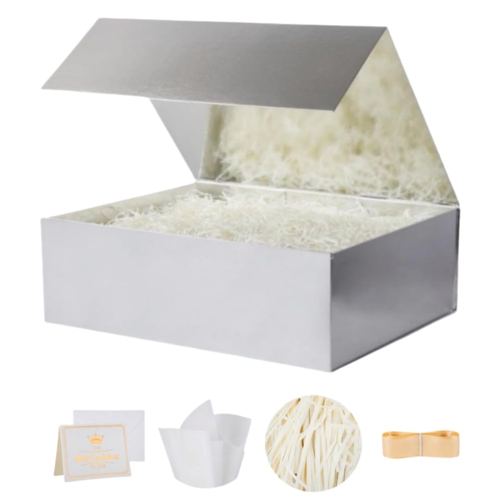 UoeRing 1 Pcs Silver Gift Box Large 13.5x11.8x4.7 inch Luxury Gift Box for Presents with Magnetic Closure Lid Collapsible,Birthday,Contains Card, Ribbon, Tissue Paper,Shredded Paper Filler