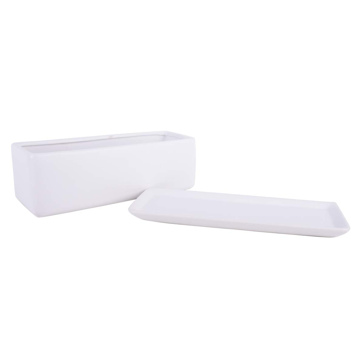 Vencer 12 Inch Rectangular Modern Minimalist Ceramic Succulent Planter Pot - Window Box with Saucer,Office Desktop Potted Stand,White,VF-0135