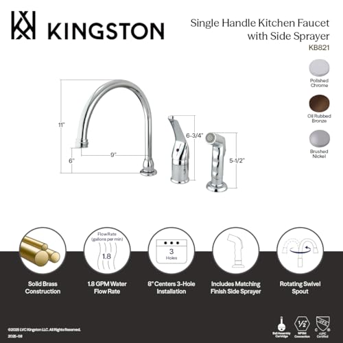 Kingston Brass KB828 Kitchen Faucet with Sprayer, 9", Brushed Nickel