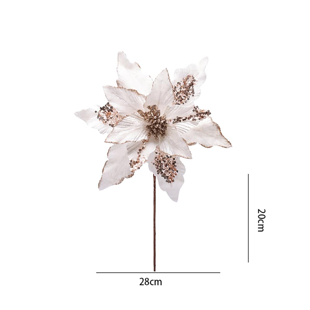 vctops 6 Pcs Christmas Poinsettia Artificial Flowers Shining Glitter Artificial Flower for Xmas Tree Wreath Ornaments New Year Wedding Party Holiday DIY Decoration, White