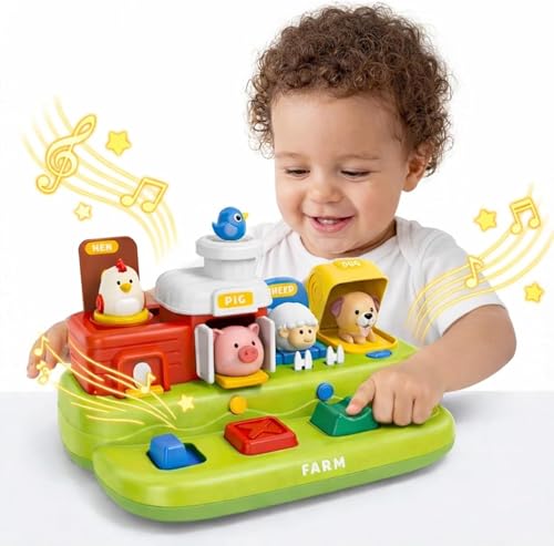 Baby Pop Up Toy with Music- Cause and Effect Pop Up Animal Toys for 6-12 Months Toddlers, 1 Year Old Babies Boys Girls, Infant Interactive Early Learning Educational Montessori Gifts