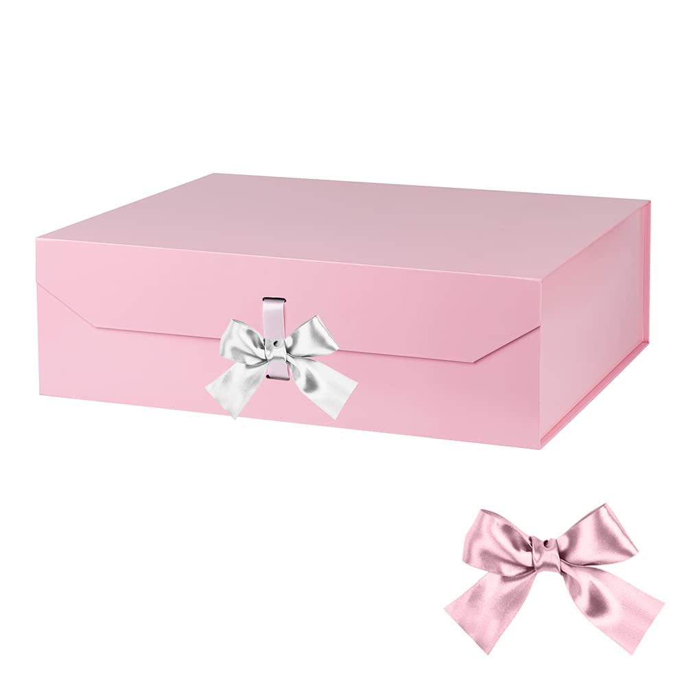 GoooodGift Extra Large Pink Gift Box with Ribbon 19x16x6 Inches, Gift Box with Lid Magnetic Closure, Groomsman Proposal Box, Rectangle Collapsible Gift Boxes for Wedding Dress(Pink)
