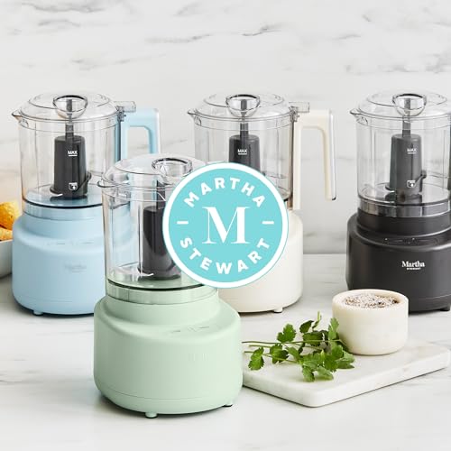 Martha Stewart 3 Cup Food Processor, Electric Vegetable Chopper, Stainless Steel Blades, 24oz BPA-Free Bowl, Pour Spout, Dicing, Mincing, Chop & Puree, Dishwasher Safe, Oil Chute, Easy-Clean, Sky Blue