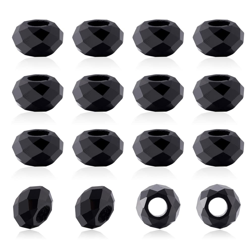 Cheriswelry 100pcs Black Faceted Glass Beads No Metal Core Rondelle European Large Hole Beads Loose Spacer Beads Slide Charms 14x8mm for DIY Snake Chains Macrame Bracelet Jewelry Making