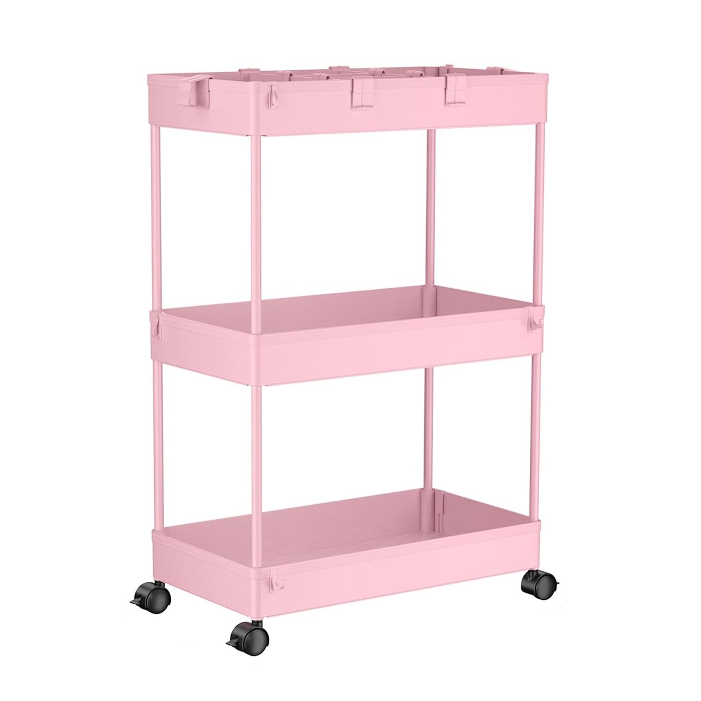 SPACELEAD 3 Tier Rolling Cart with Wheels, Storage Craft Art Trolley Organizer Serving, 3 Hanging Baskets Easy Assembly, for Office, Living Room, Kitchen, Pink