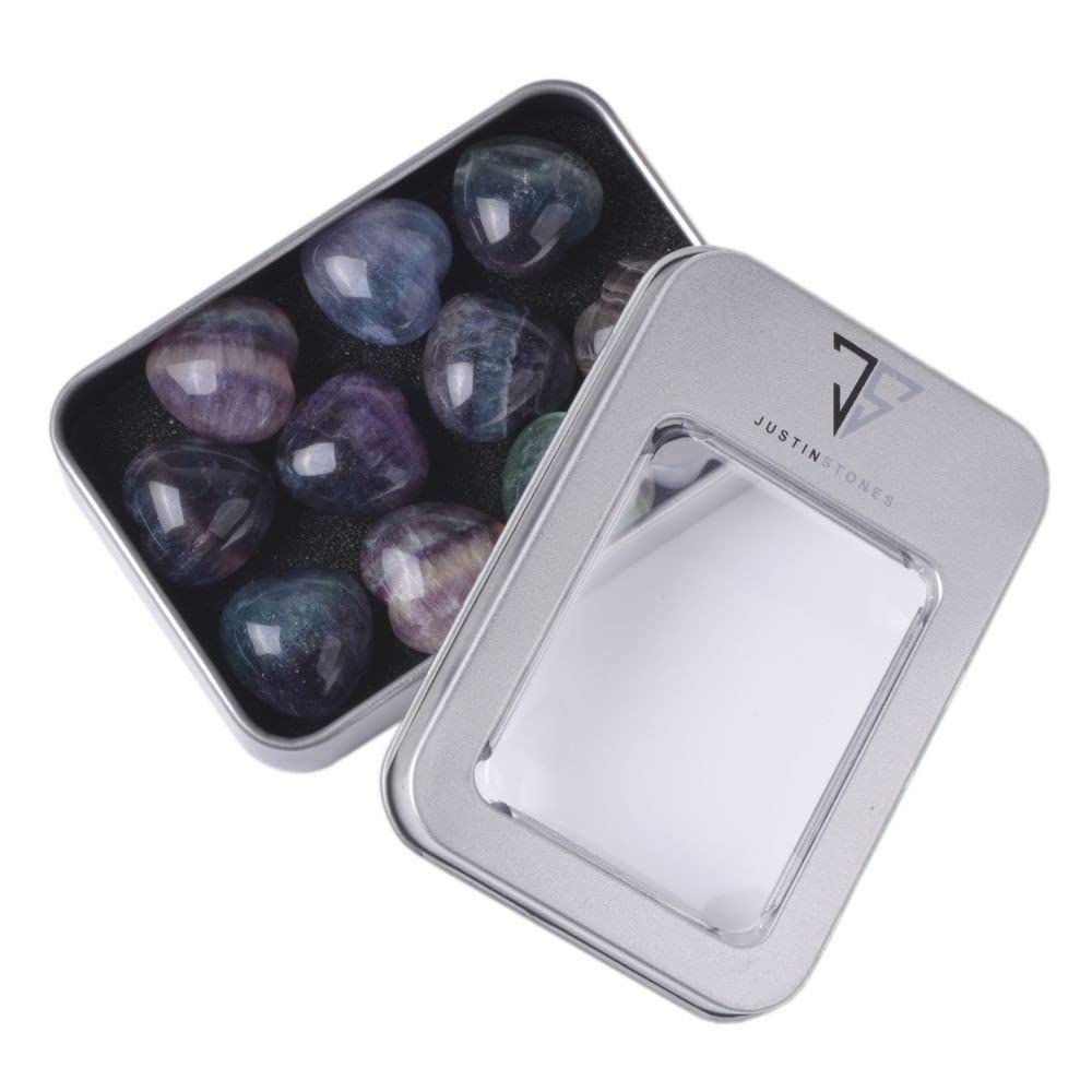 Natural Fluorite Gemstone Healing Crystal 0.8" Mini Puffy Heart Pocket Stone Iron Gift Box (Pack of 10)