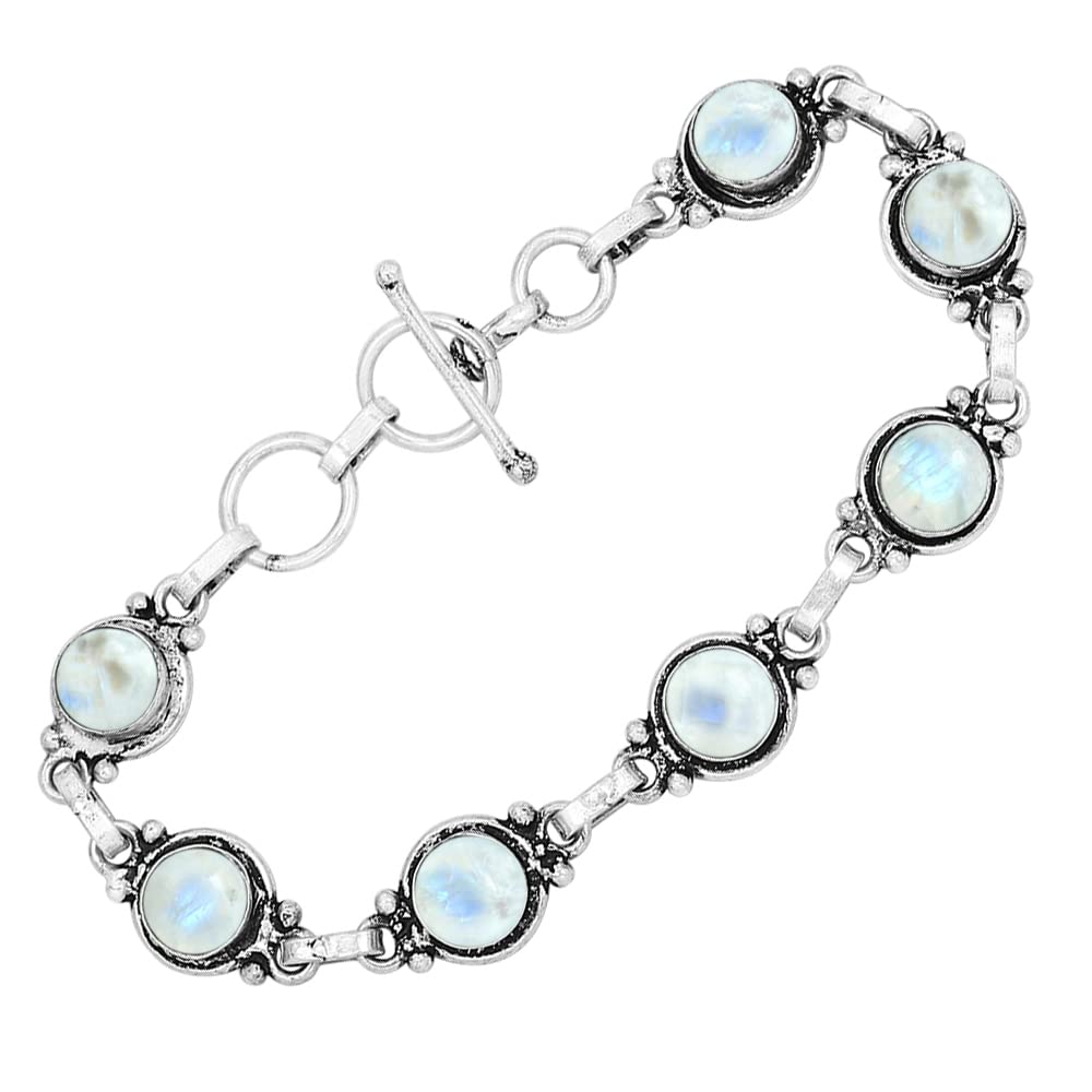 Natural Moonstone 925 Silver Plated Round Gemstone Link Bracelet for Women - White Stone June Birthstone Vintage Style Adjustable Bracelet - Handmade Gifts for Mom Wife Sister Her