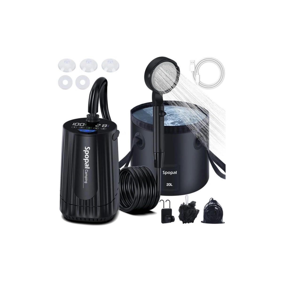 Spopal Portable Camping Shower, [10000mAh Rechargeable], 5-Speed with Collapsible Bucket with Handle 20L, IPX8 Waterproof, LED Display Camp Shower Pump, Perfect for Hiking, Travel, Cars & Pets