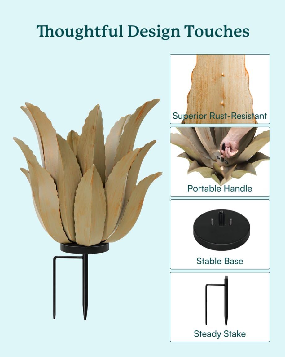 Cyan Oasis Metal Agave Plant Outdoor Decor - 25.5" H Large Hand Painted Desert Themed Garden Sculpture, Weather Resistant Rustic Yard Art for Lawn Patio, Unique Ornament Gift for Home & Garden