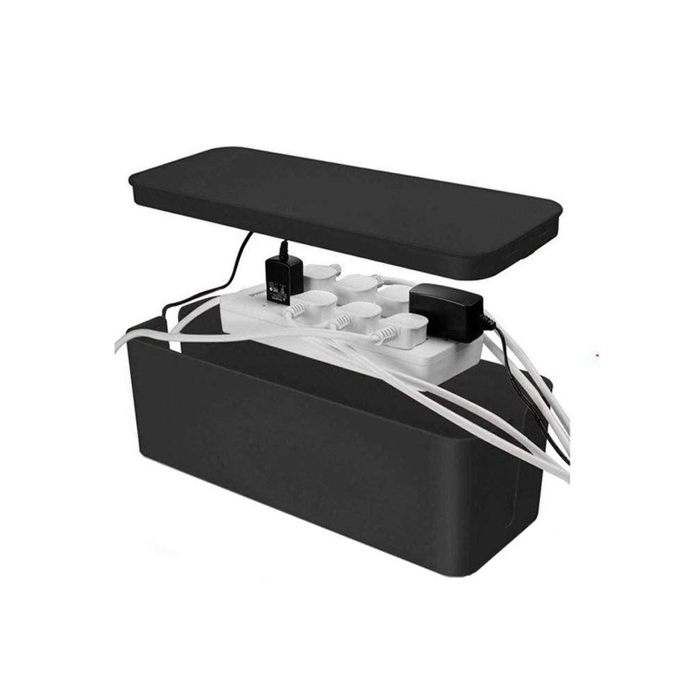 [Set of 3] 3 Cable Management Boxes + 3 Wire Ties, Large Cord Box Organizers to Hold and Hide Power Strip Charger Adapter Power Cord Charging Station USB HUB (Black)