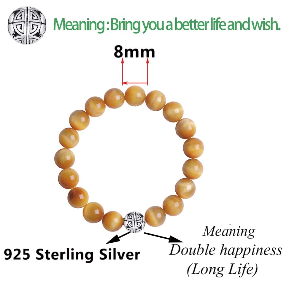 MetJakt Healing Crystals Beaded Bracelets for Womens Natural Gemstone 8mm Beads Stretch Bracelets with 925 Sterling Silver Double Happiness Pendant (Golden Tiger Eye)