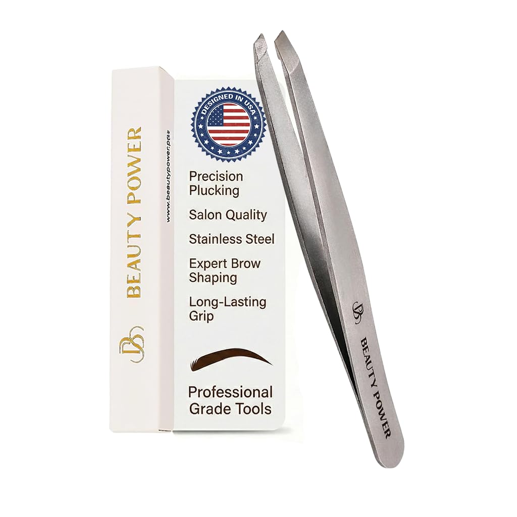 Beauty Power Slant Tip Precision Tweezers - Stainless Steel Eyebrow Tweezers for Women & Men - Precision Tweezers for Facial Hair, Ingrown Hair & Brow Shaping - Professional Beauty Tool (Grey)