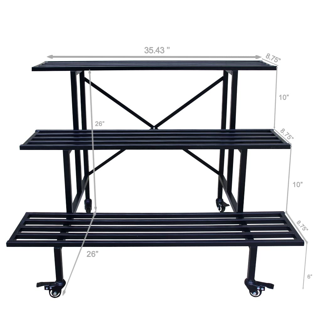 Zhongma 3 Tier Sturdy Metal Plant Stand with Wheels, L35.43 x W26 x H26 inch, Heavy Duty Plant Holder for Home Indoor and Outdoor, 660 LBS Capacity & Heavy Duty Construction