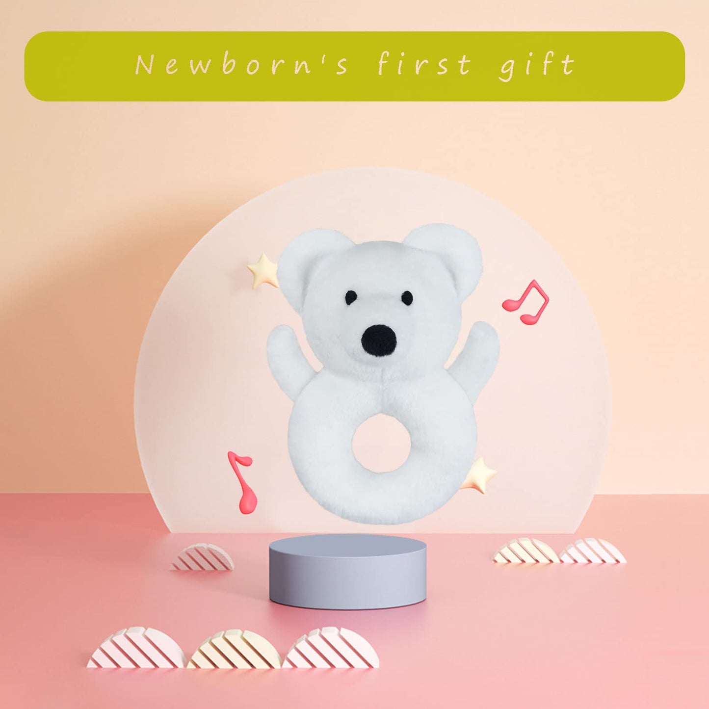 Doindute Baby Polar Bear Soft Rattle Toy, Polar Bear Plush Infant Shaker Rattle Easy-Grasp Stuffed Animal Toy, Gifts for Newborns Babies Toddlers Boys Girls, White, 5 Inches