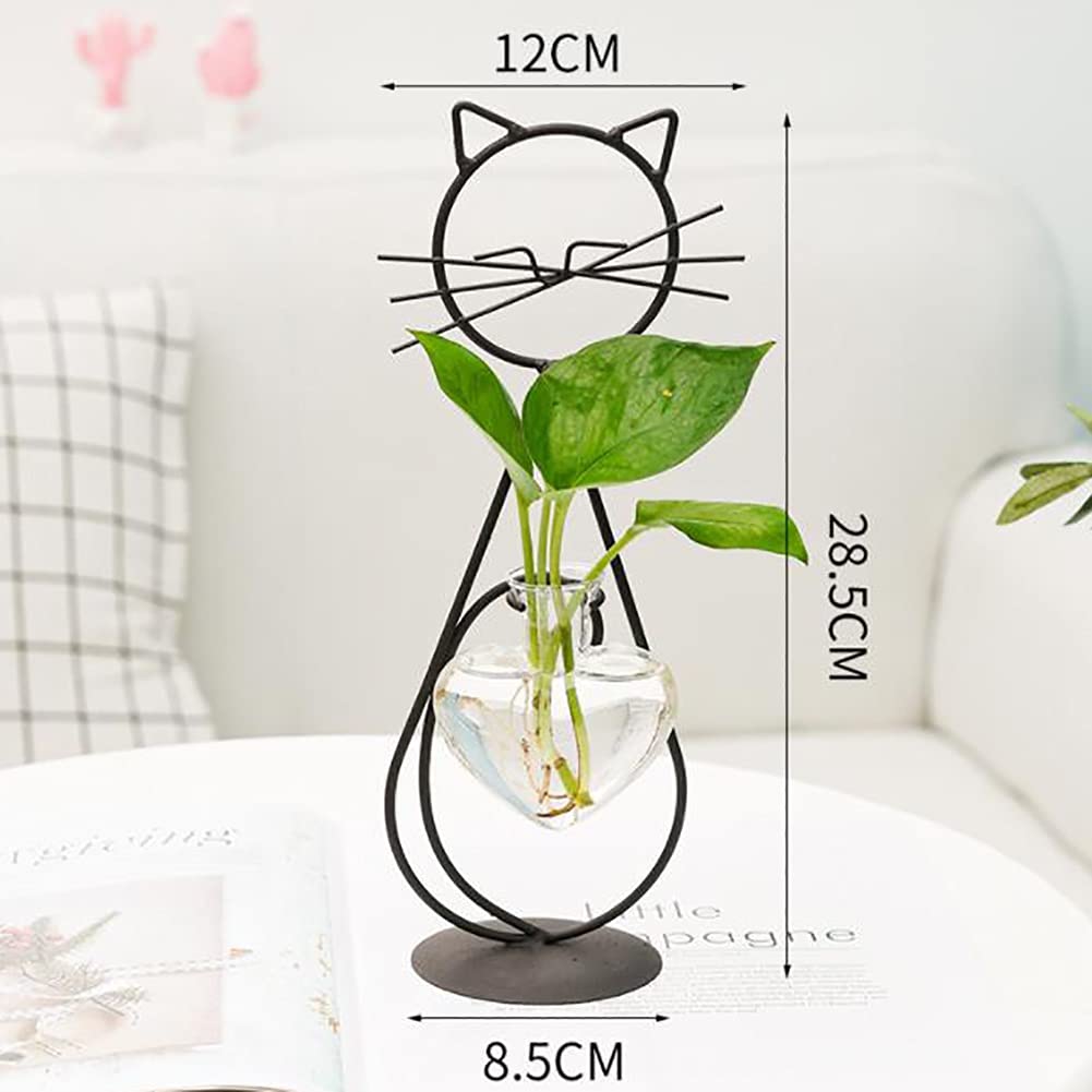 Lifeuping Desktop Heart Glass Planter Vase Holder, Cat Plant Metal Stand Cat Gifts for Hydroponics Plants Terrarium Home Garden Decor Outdoor Planter Ideas Cat Lovers