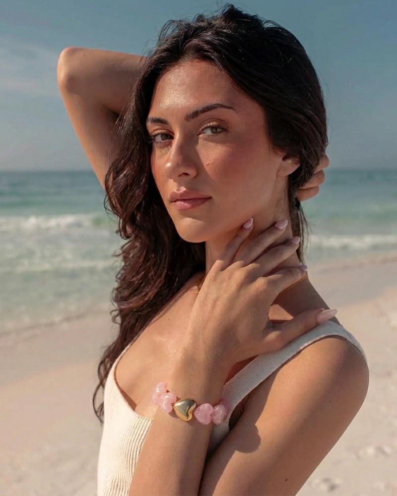 FAUTHENTICUTE Swirled Pink Heart Bracelet for Women Chunky Acrylic Resin Heart-shaped Bead Bracelet Trendy Boho Statement Summer Beach Jewelry Gift For Her