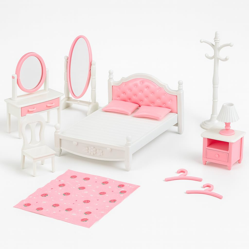OLEOCA Family Dollhouse Bedroom Set — Bed, Pillows & Bedspread, Vanity with Mirror, Nightstand, Floor Mirror, Chair, Lamp, Coat Rack & Hangers — Dollhouse Furniture & Accessories for Ages 3+