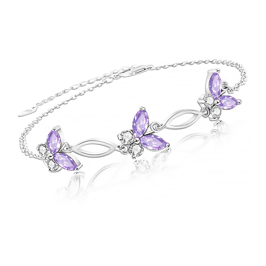 SUNCHIO Purple Bracelet 925 Sterling Silver Butterflies Link Bracelet Birthstone Jewelry Gifts for Women (Amethyst)