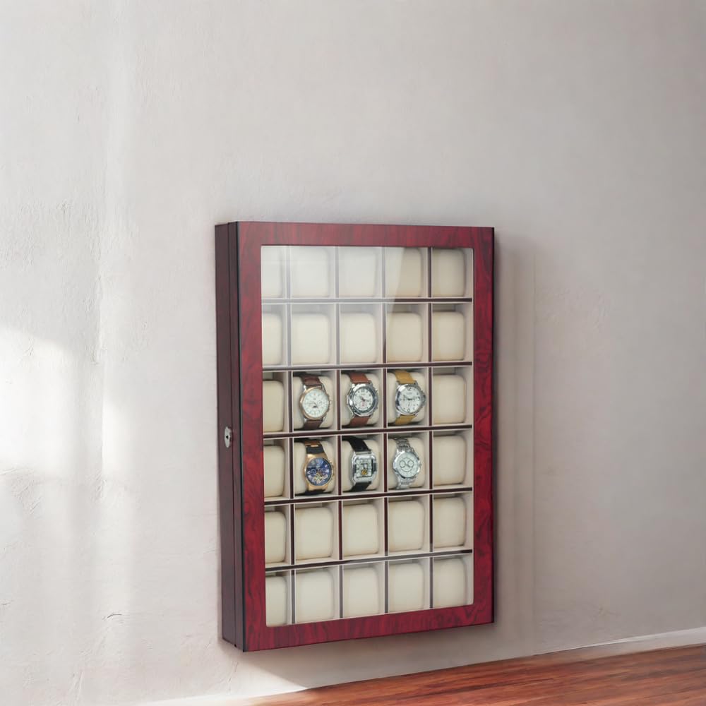 TIMELYBUYS 30 Piece Cherry Wood Watch Display Wall Hanging Case and Storage Organizer Box and Stand Father's Day