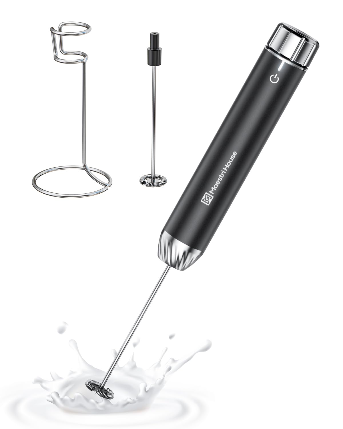Maestri House Rechargeable Milk Frother with Stepless Speed Control, LunaFro Max Handheld Electric Foam Maker Waterproof Drink Mixer Foamer with Stand & Detachable Whisks for Lattes, Cappuccino
