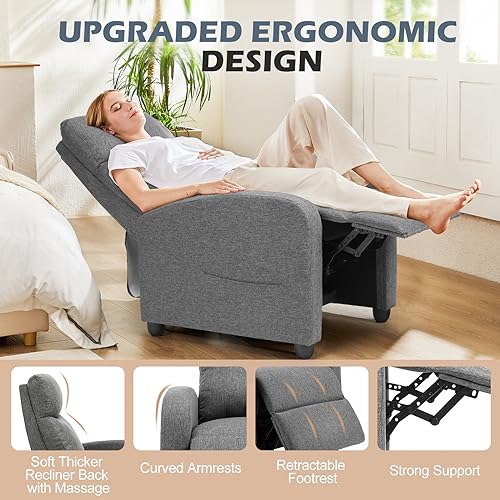 Sweetcrispy Massage Recliner Chair for Adults, Adjustable Home Theater Seating with Lumbar Support for Living Room, Modern Fabric Reclining, Cool Gray