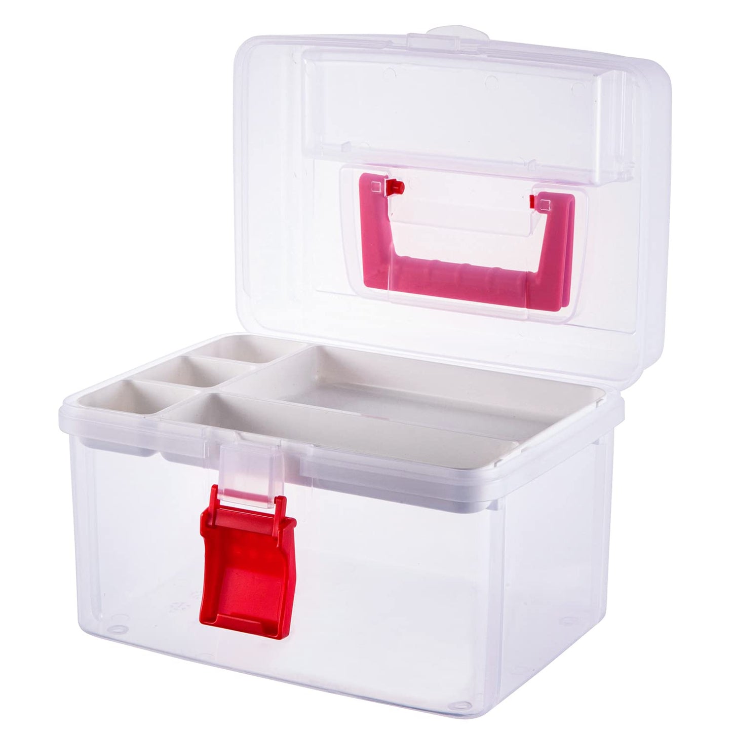 MyGift 10 Inch Premium Clear First Aid Bin with Detachable Tray and Quick Access Top Lid Flap, Portable Emergency Kit, Medical Supply Travel Tote, Medicine Storage Box Container (Red)