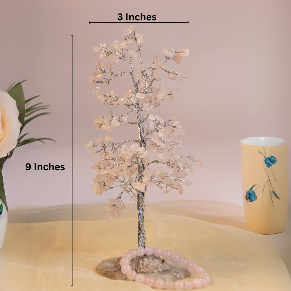 ZAARIYA Rose Quartz Crystal Tree with Bracelet for Home Decor, Healing, Spiritual Gifting, Room Decor, New Year & Good Luck Gifting | Made from Genuine Crystal Stones (9 x 3 Inches)