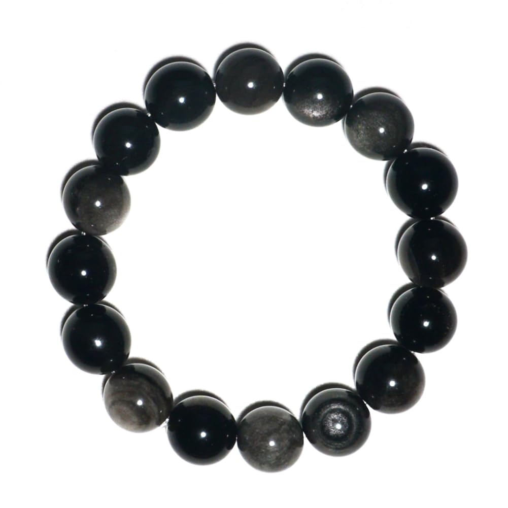 TaHLga 12mm Silver Obsidian Crystal Bracelet for Men Women | Natural Root & Third Eye Chakra Stone | Protection & Intuition | Fits for Large Wrist 8-8.5" | Come with Box & Pouch
