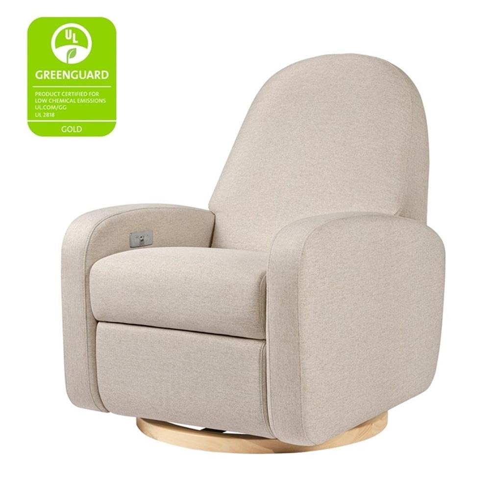Babyletto Nami Electronic Power Recliner and Swivel Glider w/USB Port in Performance Beach Eco-Weave with Light Wood Base, Water Repellent & Stain Resistant, Greenguard Gold & CertiPUR-US Certified