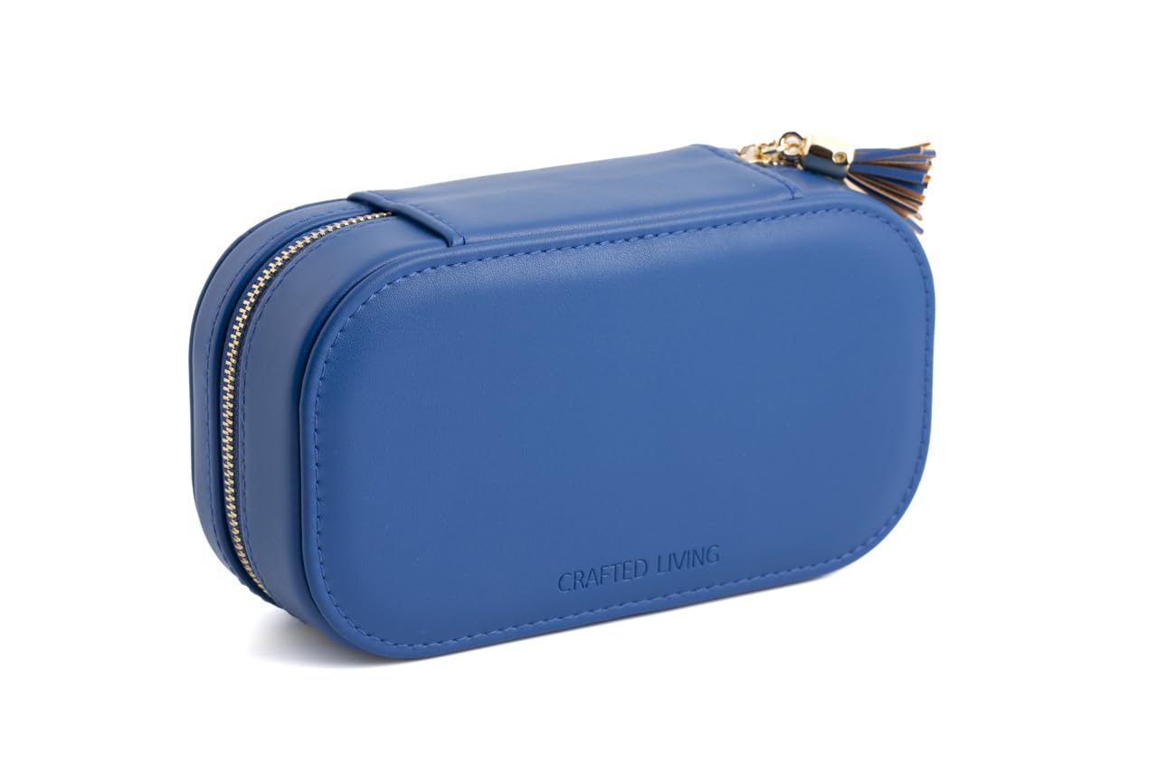 Crafted Living Summer Gift Blue Elegant Oval Jewelry Travel Case | Zip-Closure Jewelry Box with Mirror, Slots for Pendants, Bracelets, Rings & Earrings, Complimentary Dust Bag
