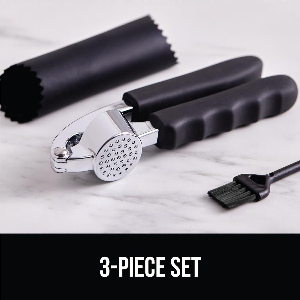 GORILLA GRIP Garlic Press and Peel Set, Heavy Duty Mincer Tool, Large Ergonomic Handle, Easily Mince and Crush Garlics, Ginger, Nuts, Seeds, Peeler Included, Peeling Cloves, Kitchen Gadgets, Black