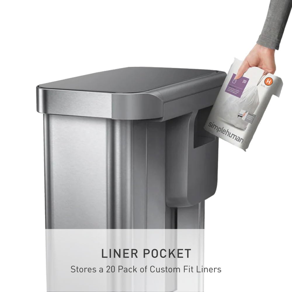 simplehuman 45 Liter / 12 Gallon Liter Rectangular Hands-Free Kitchen Step Trash Can with Soft-Close Lid, Brushed Stainless Steel with Plastic Lid