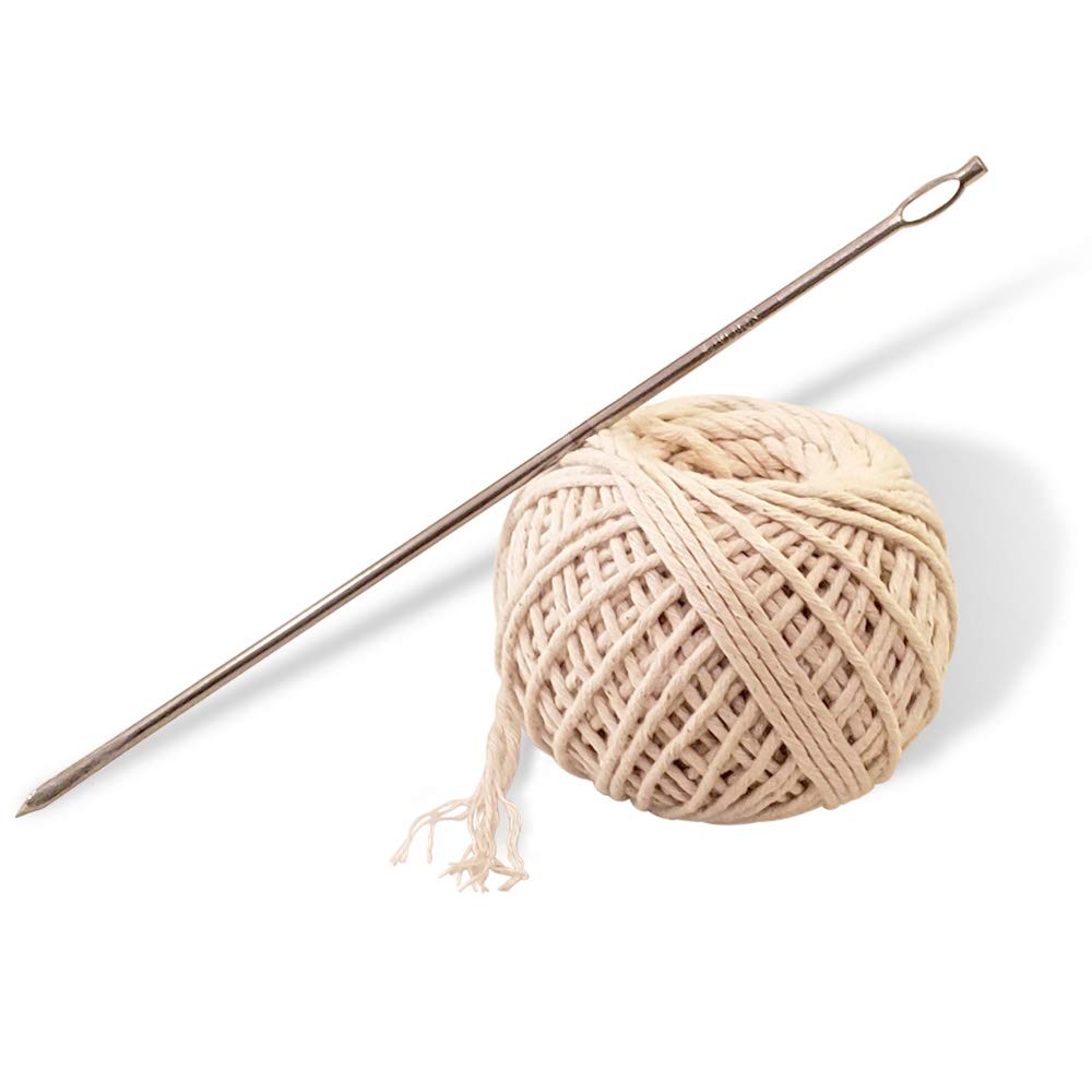 SpitJack Meat Trussing Needle and Butchers Cooking Twine Kit for Sewing Up Whole Hog, Pig, and Roasting Chicken and Turkey. 7 Inch Stainless Steel Needle and 185 Feet of Cotton Kitchen String.