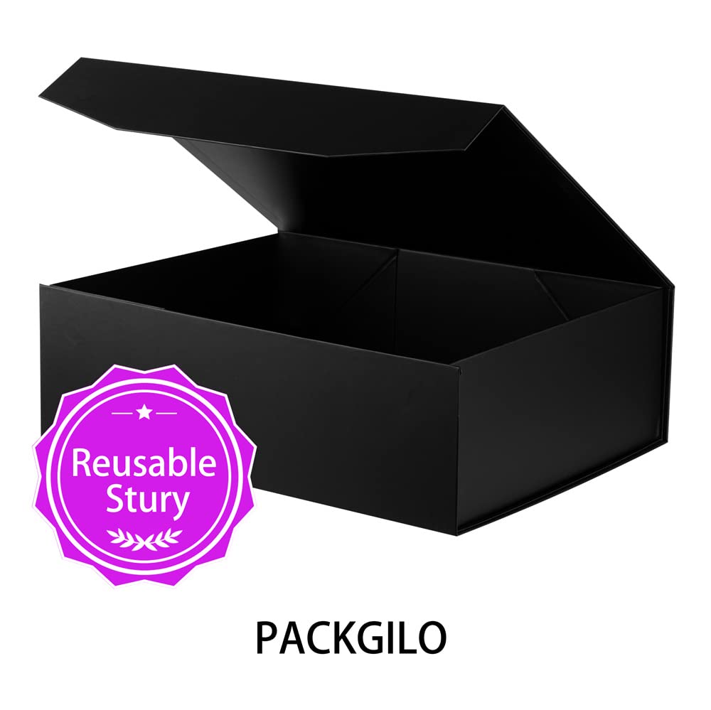 PACKGILO Black Extra Large Gift Box with Lid 4 Pcs 16.5 x 13 x 5.3 Inches, Gift Box large Black Gift Boxes for Presents Clothes Robe Wedding Dress Sweater,Reusable Foldable Bridesmaid Proposal Box（Matte）