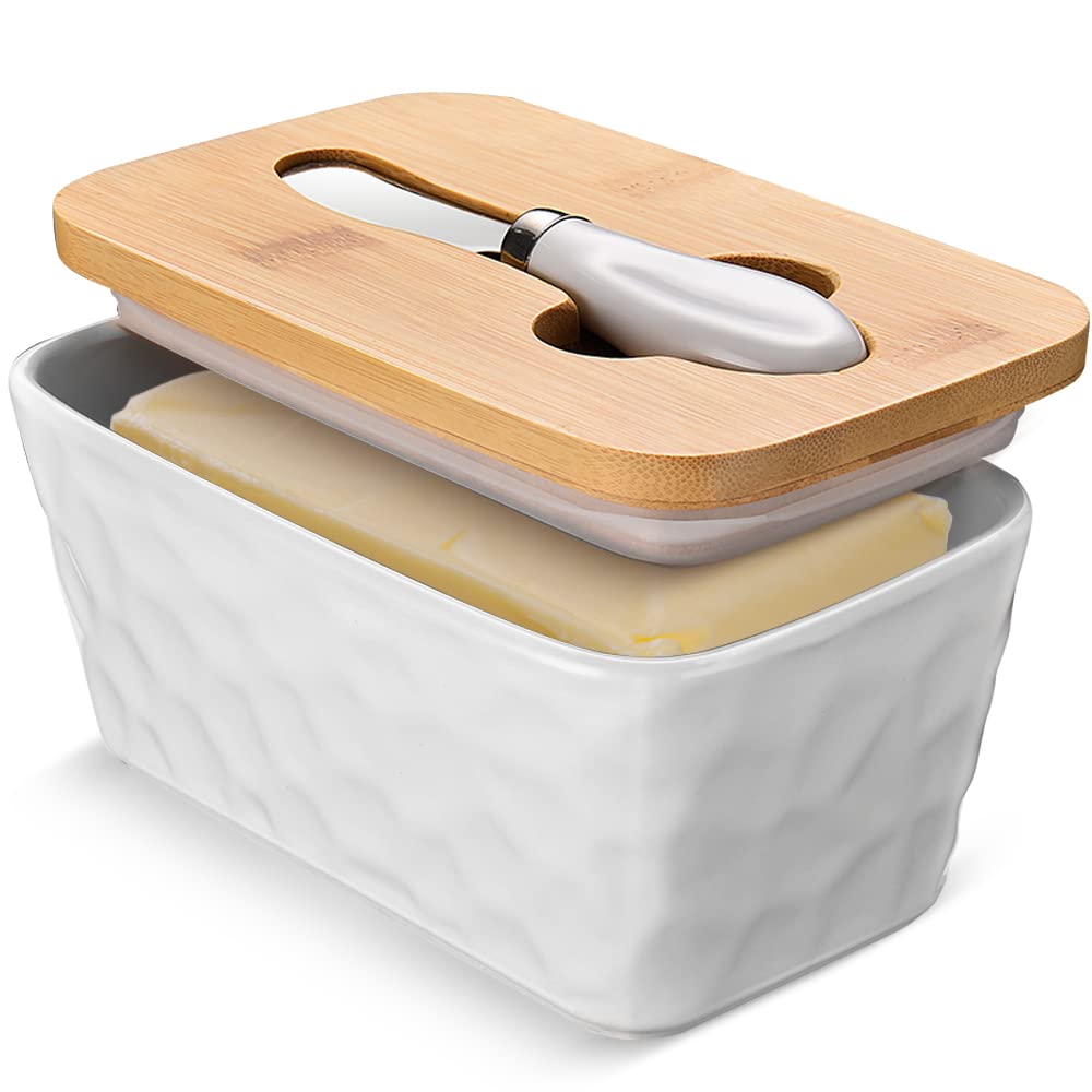 Butter Dish with Lid: Large Butter Dish for Countertop - Ceramic Butter Container with Knife Double Silicone Seal - Unique Stone Butter Dishes with Covers for Farmhouse Kitchen Decor Home Decor White