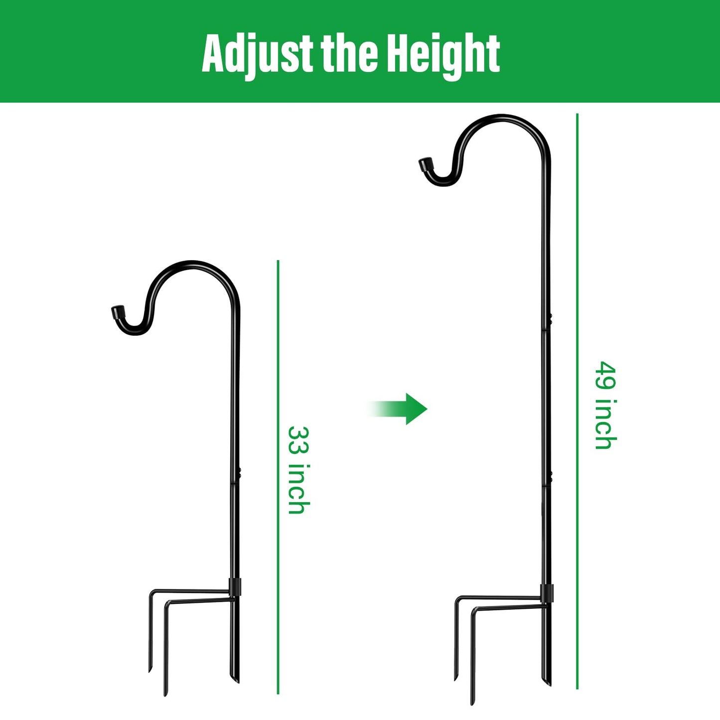 GOFORWILD Shepherd Hooks 2 Pack Adjustable, 49 inches Tall, Premium Metal Garden Hook for Outdoor, Hanging Plant, Solar Lights, Lanterns, Bird Feeders, and Wedding Decor, 7013