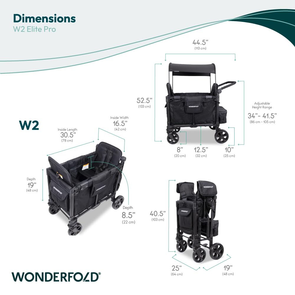 WonderFold W2 Elite Pro Stroller Wagon - Foldable Wagon with Aluminum Frame - Adjustable Canopy & Push Handle - All-Terrain Wheels - for Babies, Toddlers & Kids - 4 Seater - Jet Black