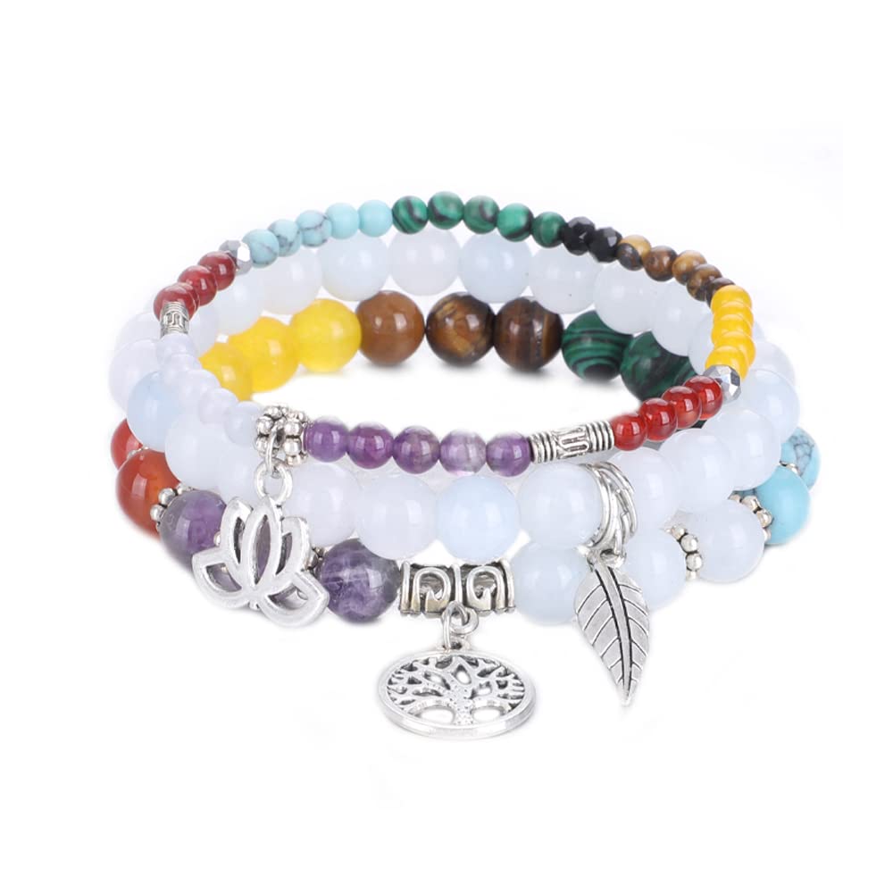UEUC Natural Gemstone Chakra Bracelets for Women, Multilayer Tree of Life Lotus Crystal Healing Stone Bracelet Sets, Yoga Meditation Reiki Relax Bracelets for Stress Relief(#82)