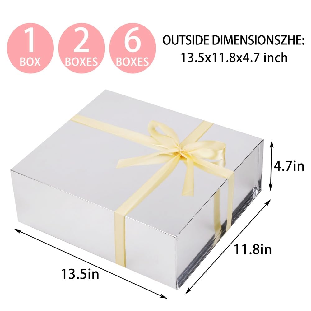 UoeRing 1 Pcs Silver Gift Box Large 13.5x11.8x4.7 inch Luxury Gift Box for Presents with Magnetic Closure Lid Collapsible,Birthday,Contains Card, Ribbon, Tissue Paper,Shredded Paper Filler