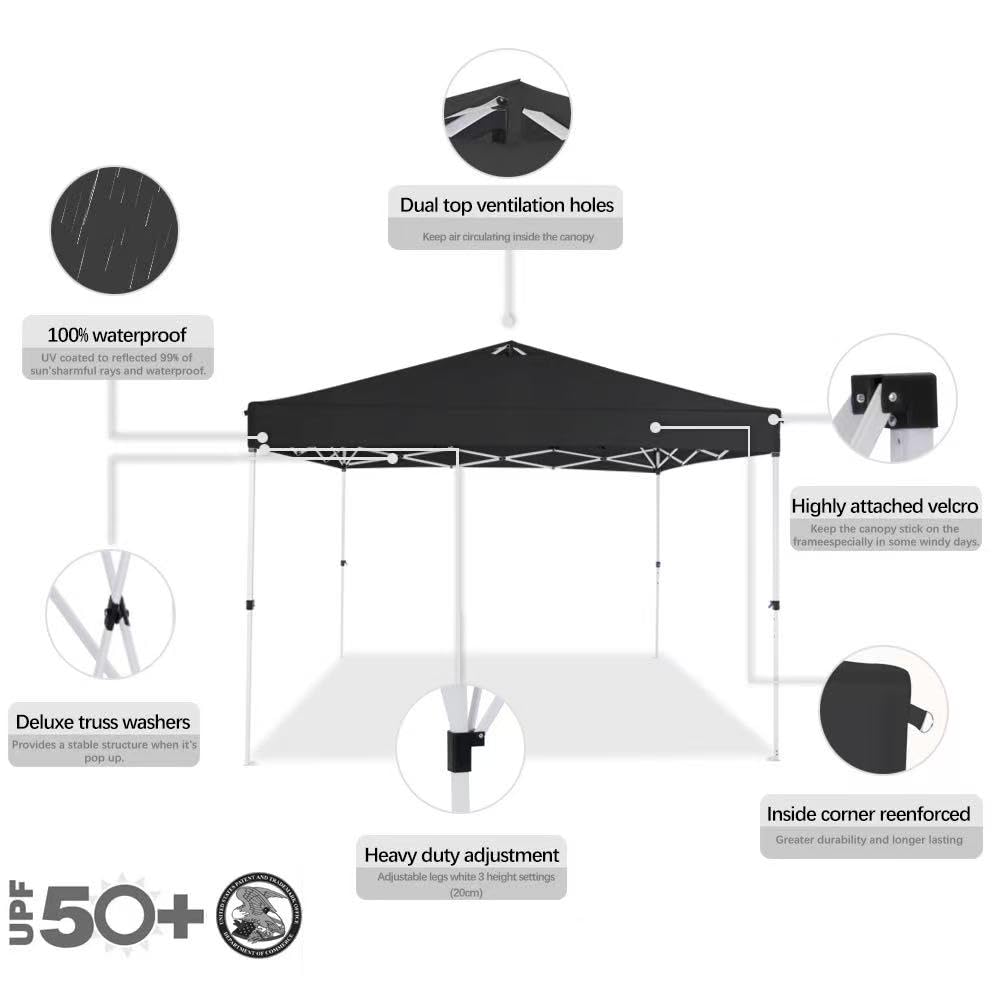 10x10 Pop Up Canopy,Event Tent – One-Person Setup, Waterproof & UV-Blocking, Heavy-Duty Steel Frame, Wheeled Bag & Sandbags – Outdoor Shade for Beach, Camping, Backyard, Tailgate (Black)