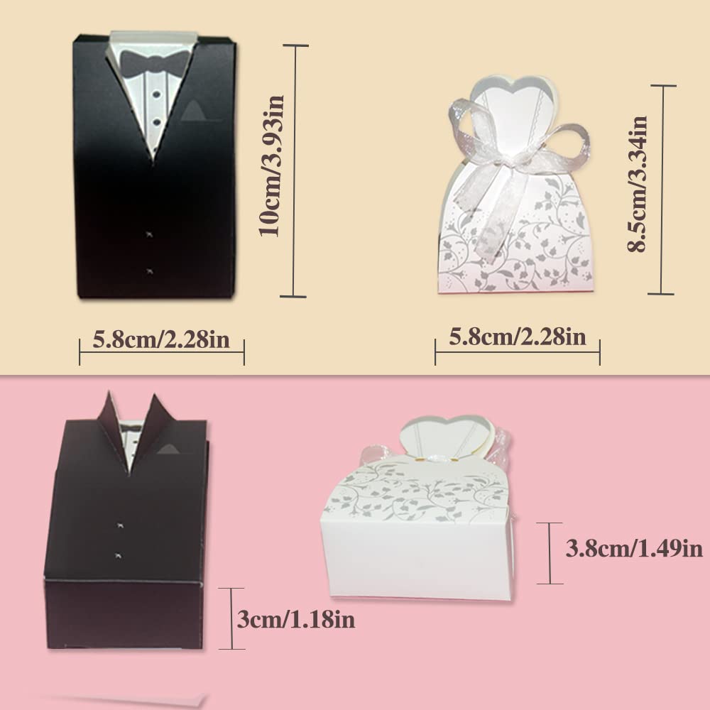 KAKABUQU 100 Pcs Wedding Favor Boxes - Romantic Party Cardboard Candy Boxes With Bride and Groom Dress Design for Chocolate Gifts, Bridal Shower Decoration Supplies