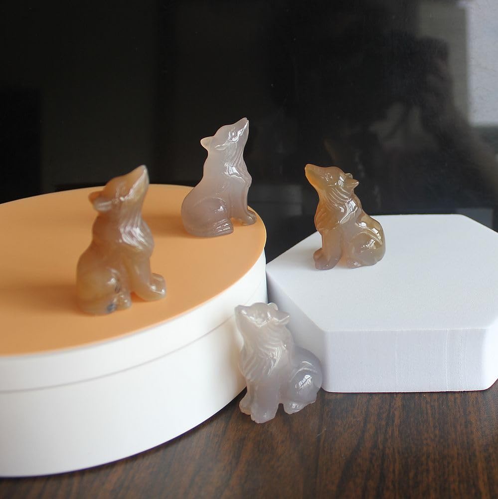 HLbshi Hand Carved Gemstone Crystal Wolf Figurine Animal Statue Carving Office Home Decor Collections 2'' (Gray Agate)