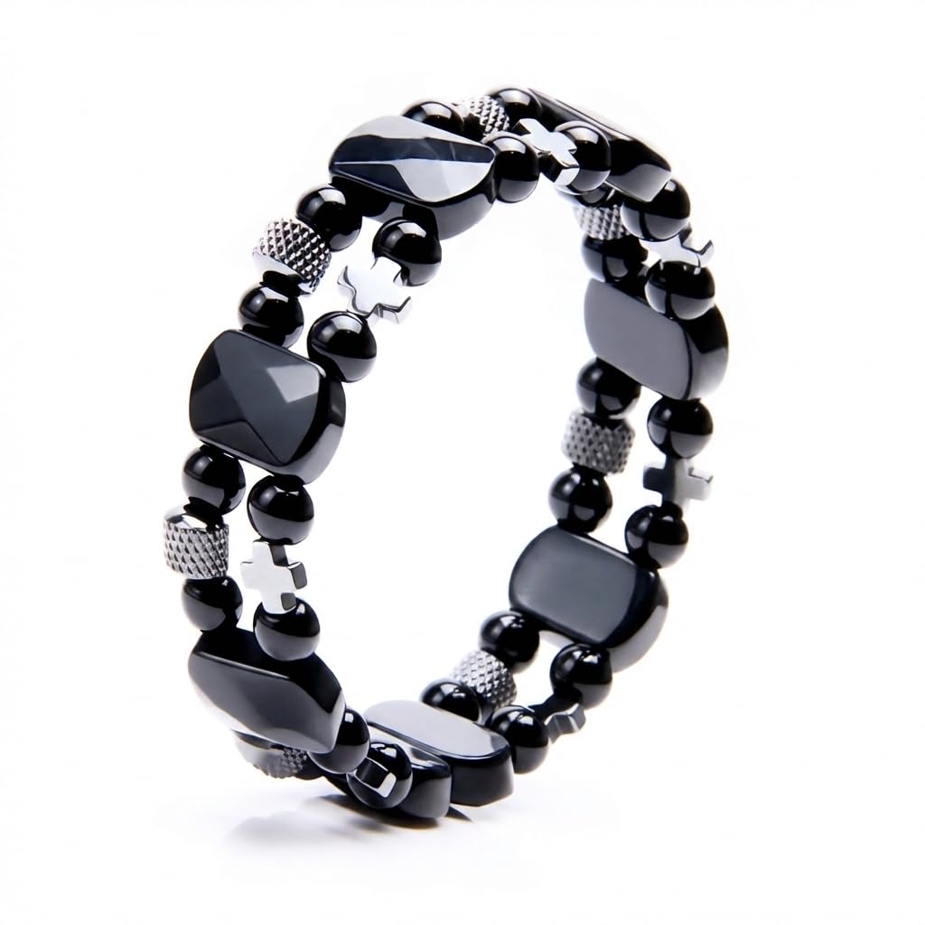 Christian Gifts for Men, Jesus Cross Bracelet for Men Handmade Double Elastic Beaded Bracelets Natural Crystal Gemstone Religious Jewelry for Boyfriend Husband Birthday Anniversary (Black Obsidian)