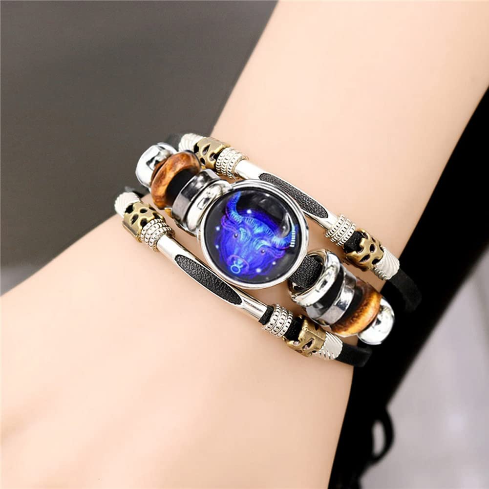 Zodiac Constellation Leo Bracelet Handmade Woven Multilayer Zodiac Sign Leather Wrap Bracelet Wristband for Women Men Jewelry Gift 2Pcs Set