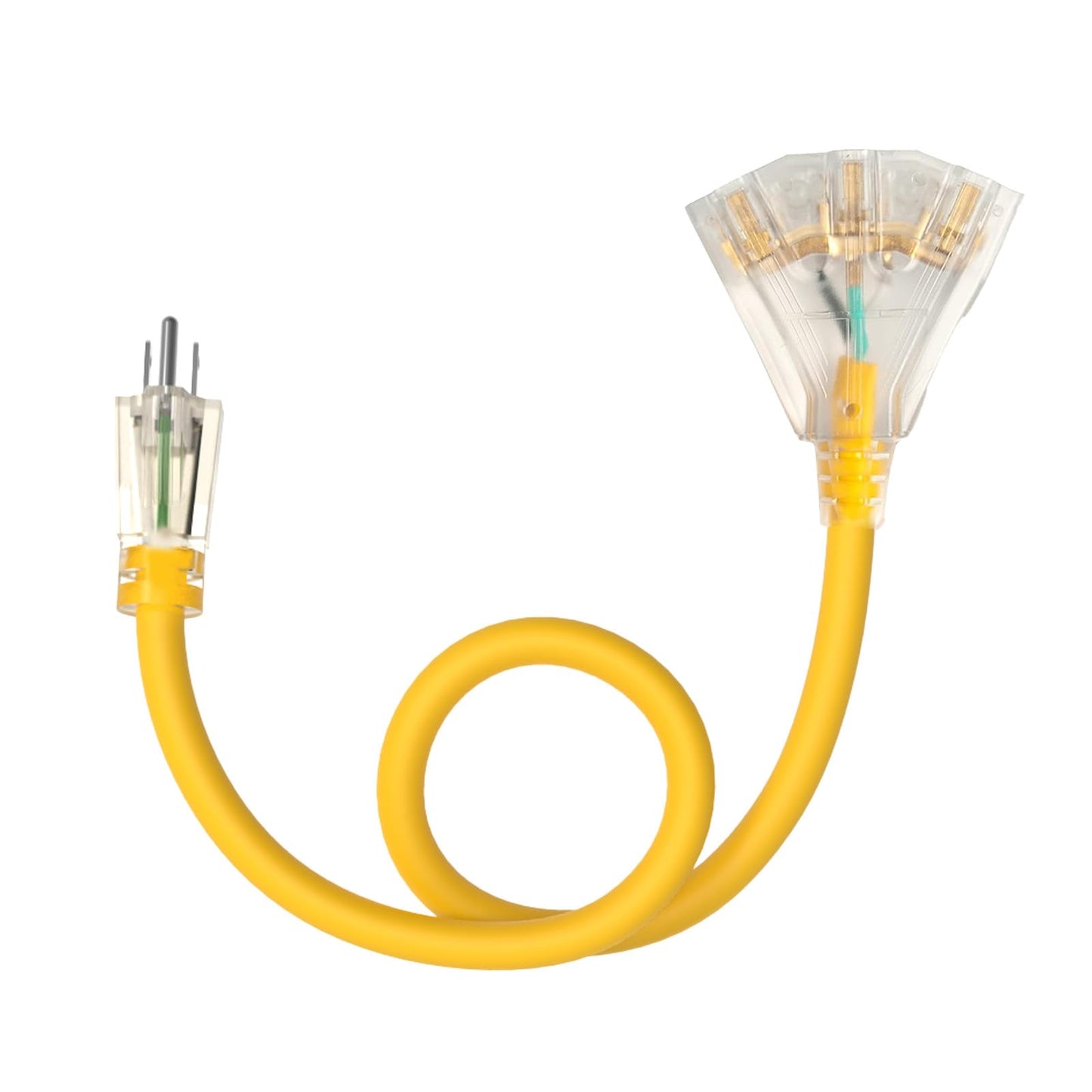 3FT 12 Gauge Heavy Duty Outdoor Extension Cord Waterproof with 3 Outlets & Lighted End, STW 15A 1875W 3-Prong Yellow Flexible Power Cord for Indoor Outside Decorations Garage, Garden, ETL